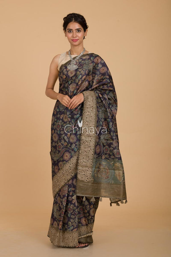 Navy Blue Kalamkari Printed Tussar Saree - Chinaya Banaras