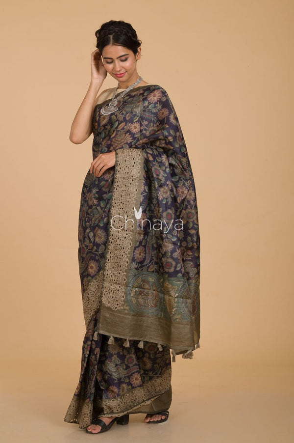 Navy Blue Kalamkari Printed Tussar Saree - Chinaya Banaras