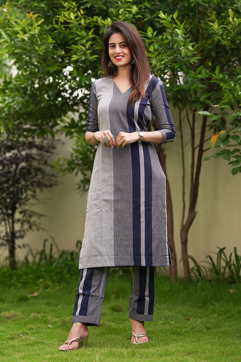 Navy Blue Striped Cotton Kurta Set - Chinaya Banaras