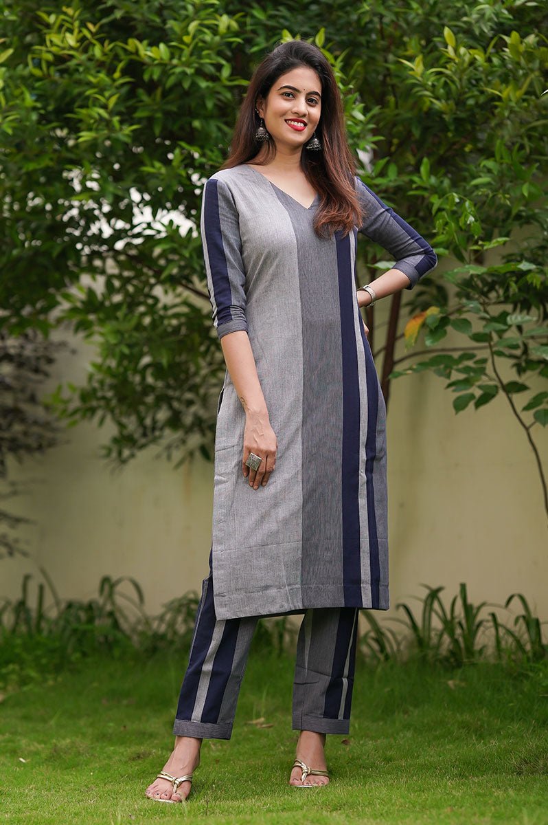 Navy Blue Striped Cotton Kurta Set - Chinaya Banaras