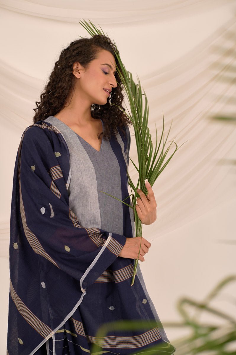 Navy Blue Striped Cotton Suit Set - Chinaya Banaras