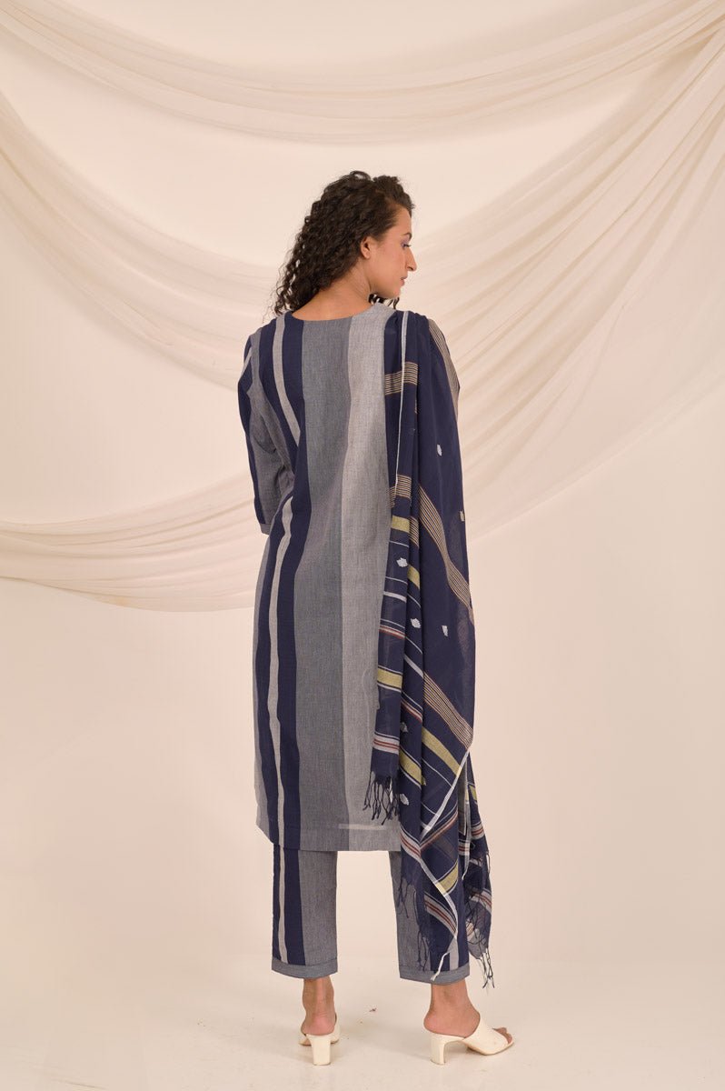 Navy Blue Striped Cotton Suit Set - Chinaya Banaras