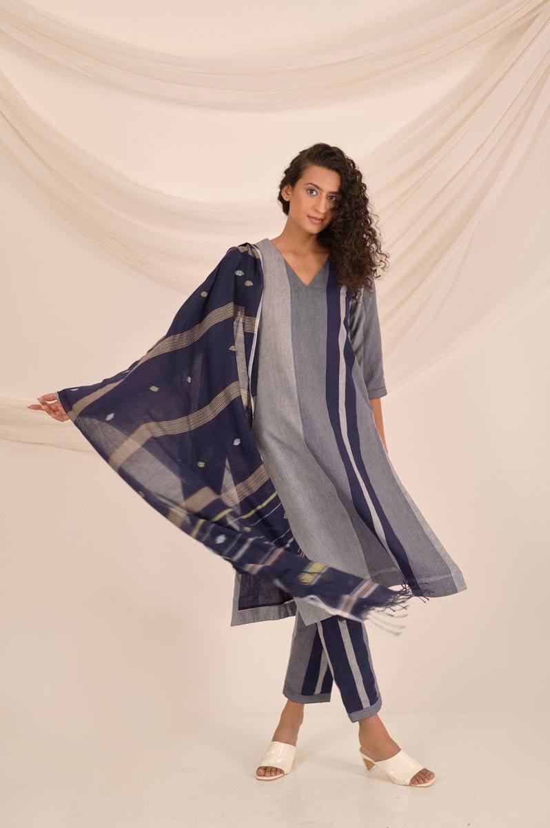 Navy Blue Striped Cotton Suit Set - Chinaya Banaras