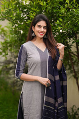 Navy Blue Striped Cotton Suit Set - Chinaya Banaras