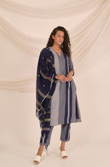 Navy Blue Striped Cotton Suit Set - Chinaya Banaras