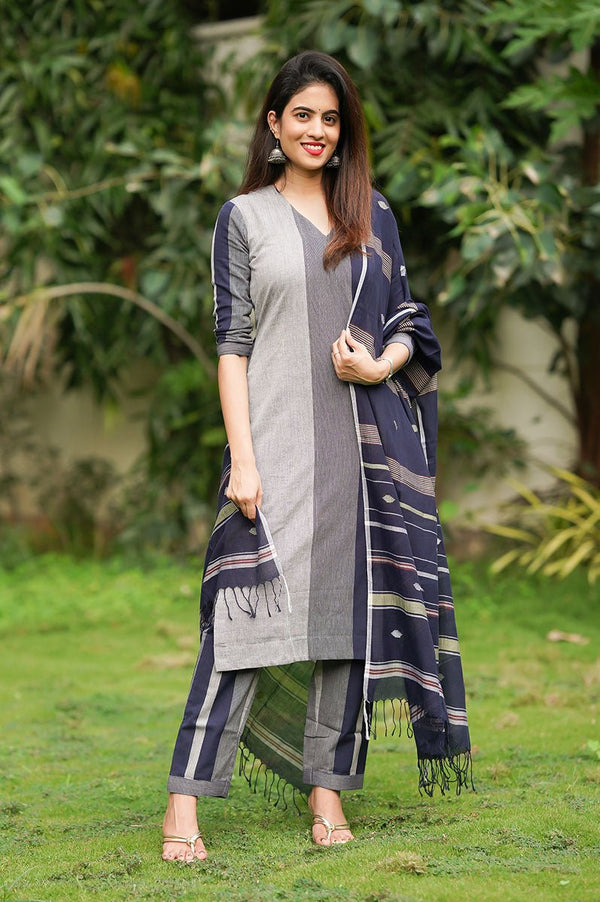Navy Blue Striped Cotton Suit Set for Party/Wedding Wear