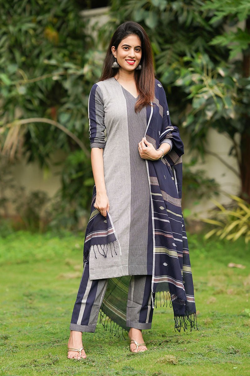 Navy Blue Striped Cotton Suit Set for Party/Wedding Wear