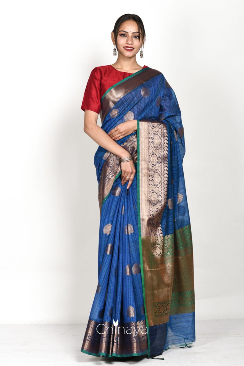 Navy Blue Woven Banarasi Cotton Saree - Chinaya Banaras