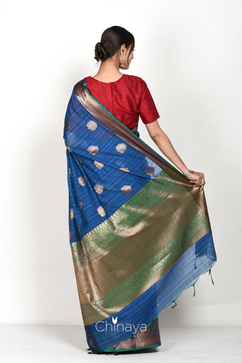 Navy Blue Woven Banarasi Cotton Saree - Chinaya Banaras