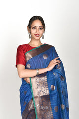 Navy Blue Woven Banarasi Cotton Saree - Chinaya Banaras