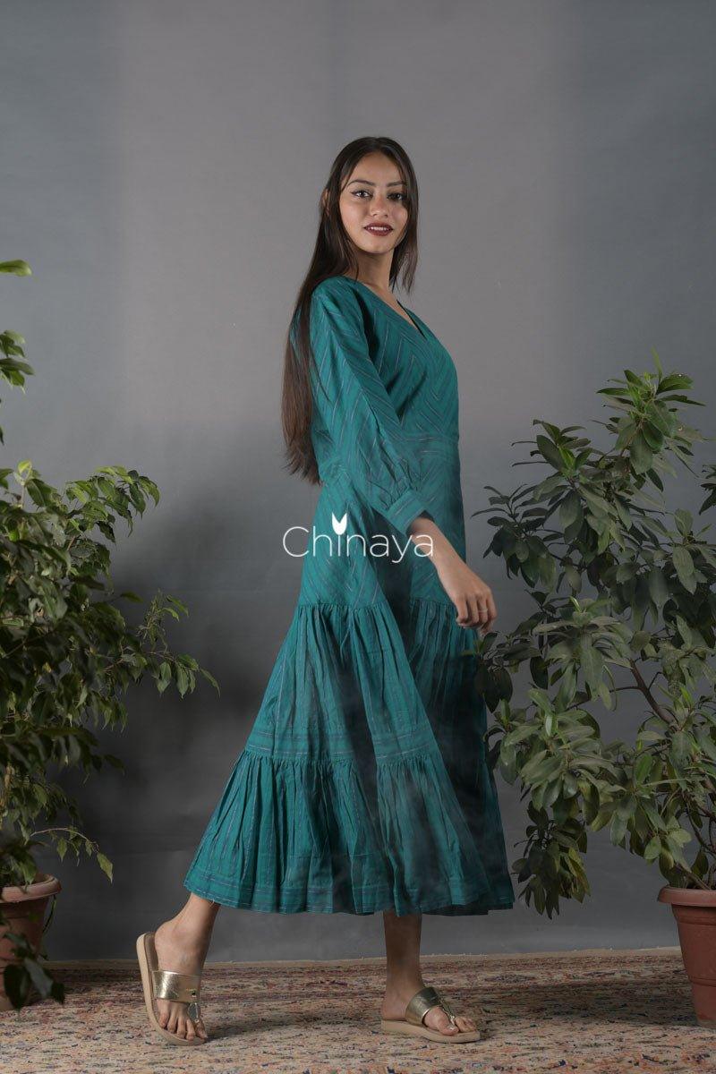 Ocean Blue Cotton Flaired Dress - Chinaya Banaras