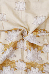 Off White Floral Printed Linen Dupatta - Chinaya Banaras