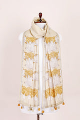 Off White Floral Printed Linen Dupatta - Chinaya Banaras