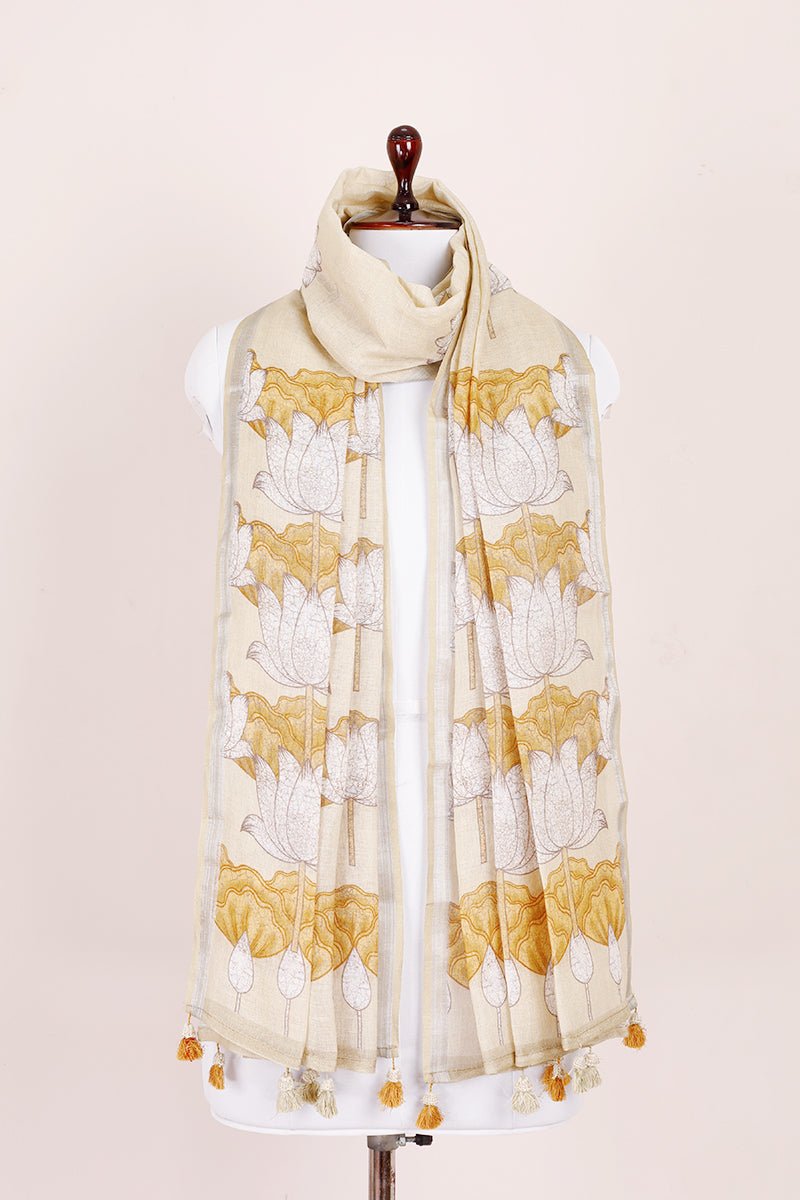 Off White Floral Printed Linen Dupatta - Chinaya Banaras
