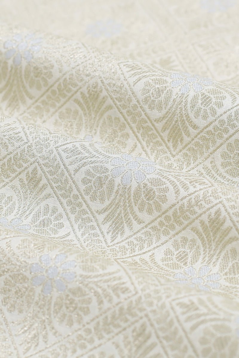 Off white Geometrical Handwoven Banarasi Silk Fabrics - Chinaya Banaras