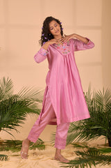 Onion Pink Embellished Soot Cotton Kurta Set - Chinaya Banaras