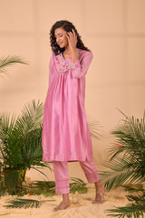 Onion Pink Embellished Soot Cotton Kurta Set - Chinaya Banaras