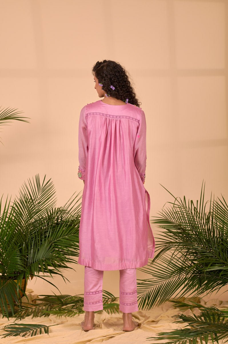 Onion Pink Embellished Soot Cotton Kurta Set - Chinaya Banaras