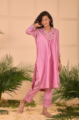 Onion Pink Embellished Soot Cotton Kurta Set - Chinaya Banaras