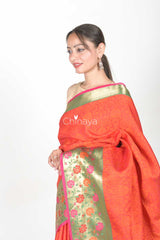 Orange Red Woven Banarasi Kora Saree - Chinaya Banaras