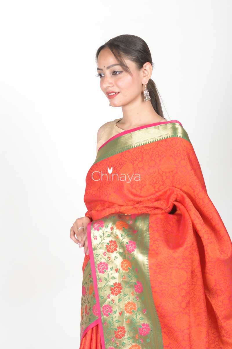 Orange Red Woven Banarasi Kora Saree - Chinaya Banaras