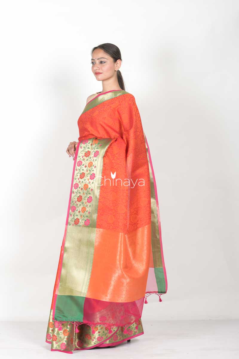 Orange Red Woven Banarasi Kora Saree - Chinaya Banaras