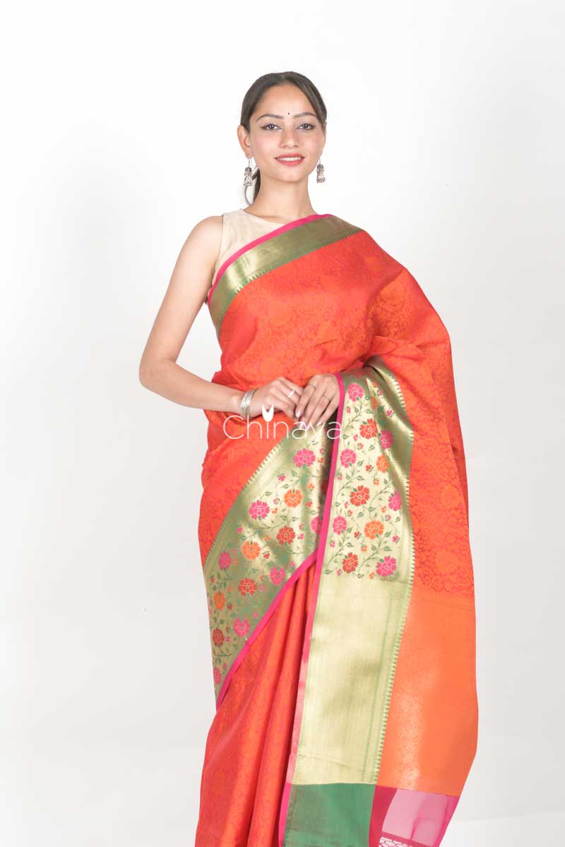 Orange Red Woven Banarasi Kora Saree - Chinaya Banaras