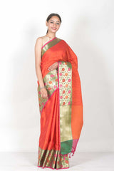 Orange Red Woven Banarasi Kora Saree - Chinaya Banaras