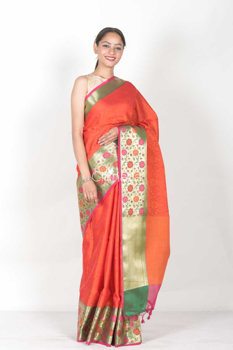 Orange Red Woven Banarasi Kora Saree - Chinaya Banaras