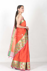 Orange Red Woven Banarasi Kora Saree - Chinaya Banaras