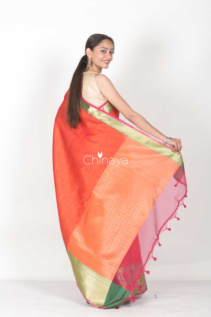Orange Red Woven Banarasi Kora Saree - Chinaya Banaras