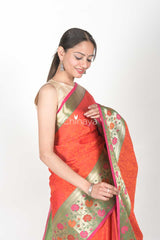 Orange Red Woven Banarasi Kora Saree - Chinaya Banaras