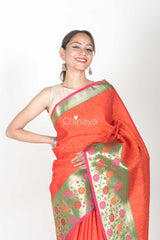 Orange Red Woven Banarasi Kora Saree - Chinaya Banaras