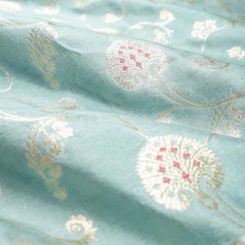 Pale Torquoise Floral Jaal Mulberry Silk Fabric