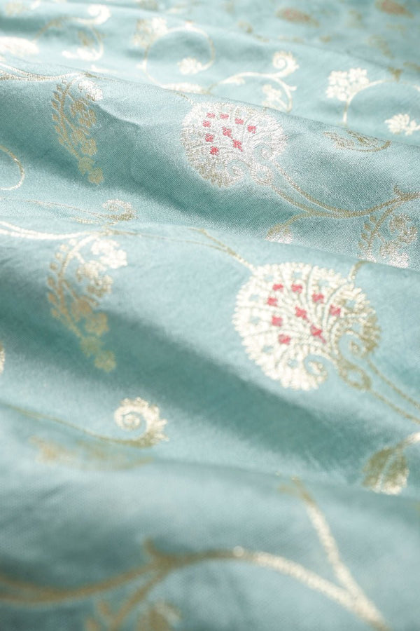 Pale Torquoise Floral Jaal Mulberry Silk Fabric - Chinaya Banaras