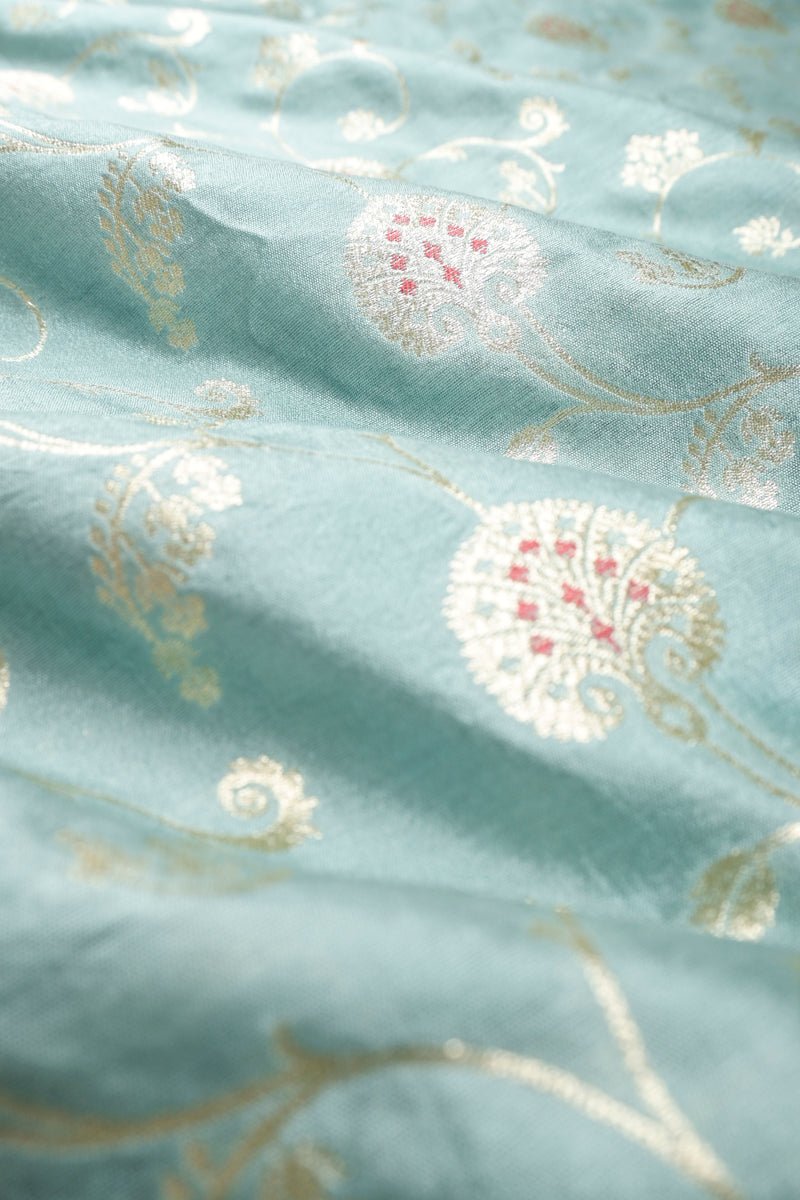 Pale Torquoise Floral Jaal Mulberry Silk Fabric - Chinaya Banaras