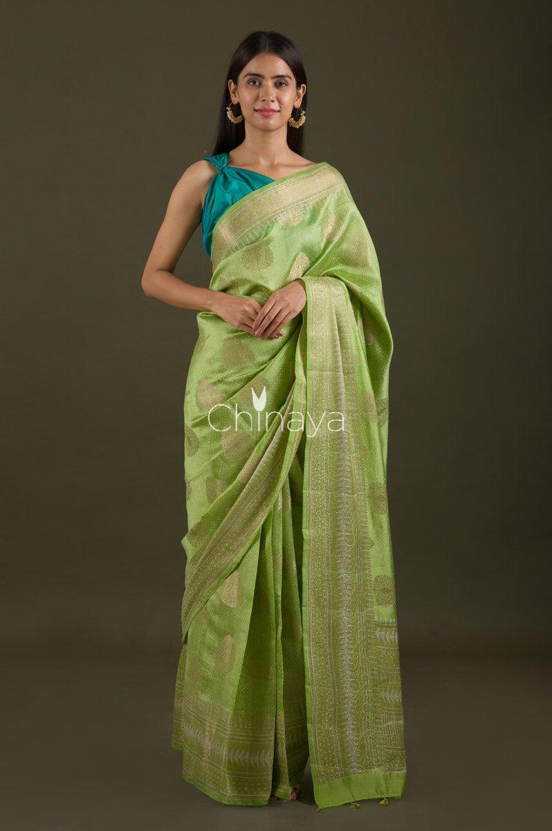 Parrot Green Digital Printed Chiniya Silk Saree - Chinaya Banaras