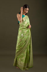 Parrot Green Digital Printed Chiniya Silk Saree - Chinaya Banaras