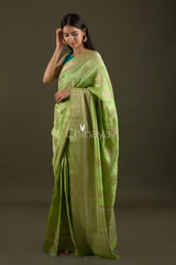 Parrot Green Digital Printed Chiniya Silk Saree - Chinaya Banaras