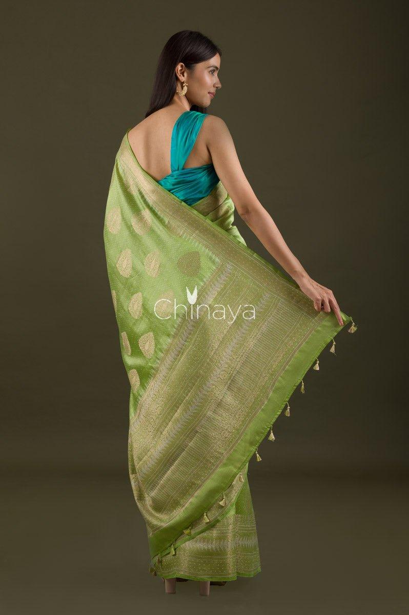 Parrot Green Digital Printed Chiniya Silk Saree - Chinaya Banaras