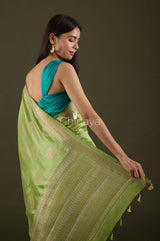 Parrot Green Digital Printed Chiniya Silk Saree - Chinaya Banaras