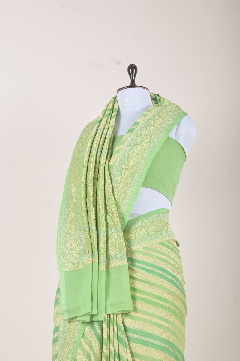 Parrot Green Rangkat Handwoven Georgette khaddi Silk Saree - Chinaya Banaras