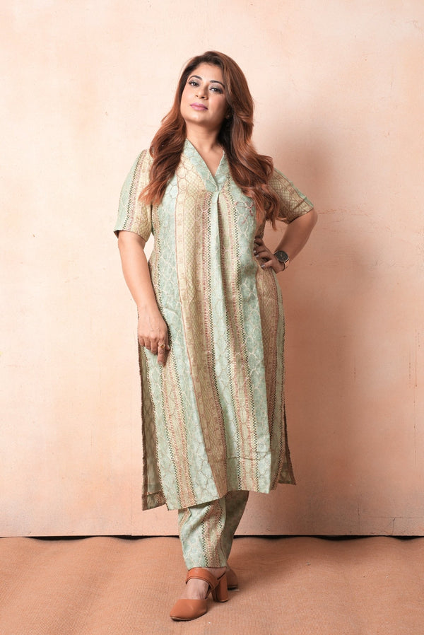 Pastel Green Woven Chanderi Silk Kurta Pant Set - Chinaya Banaras