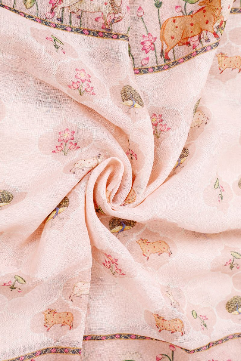 Pastel Peach Pichwai Printed Linen Dupatta - Chinaya Banaras