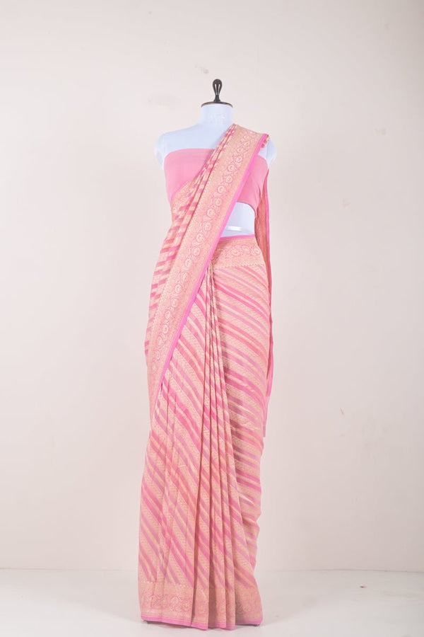 Pastel Pink Handwoven Georgette Khaddi Silk Saree - Chinaya Banaras