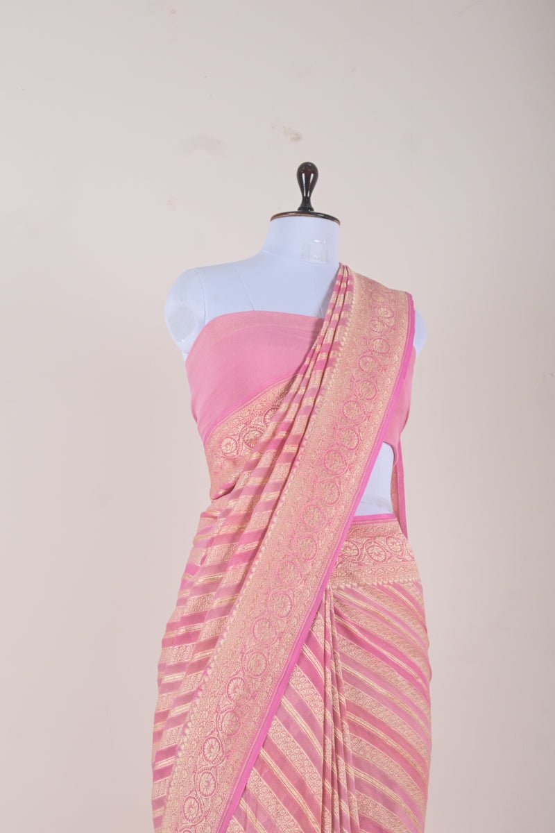 Pastel Pink Handwoven Georgette Khaddi Silk Saree - Chinaya Banaras