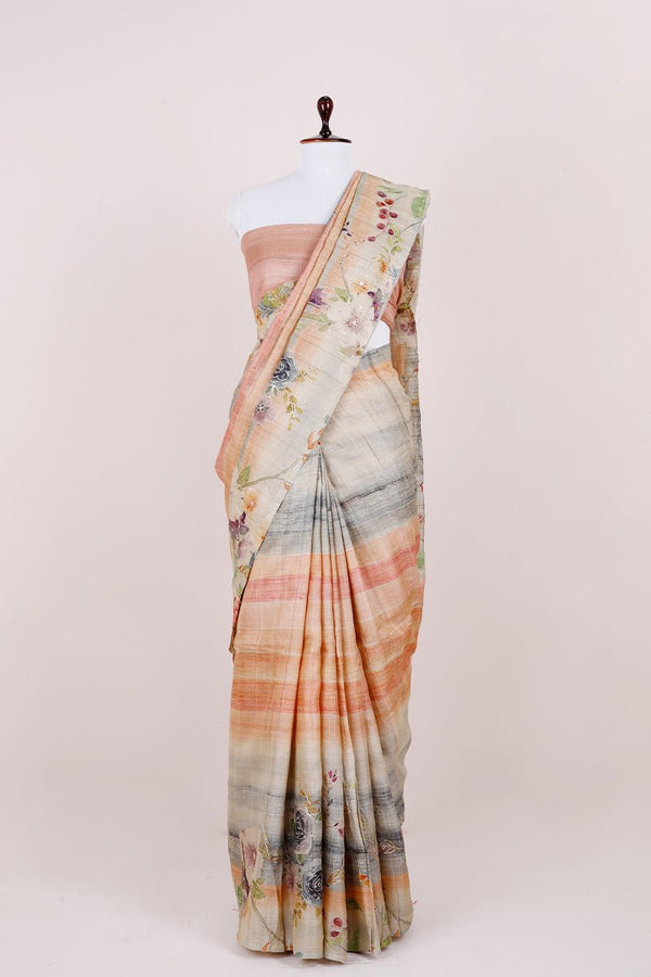 Pastel Pink Striped Embellished Tussar Silk Saree - Chinaya Banaras