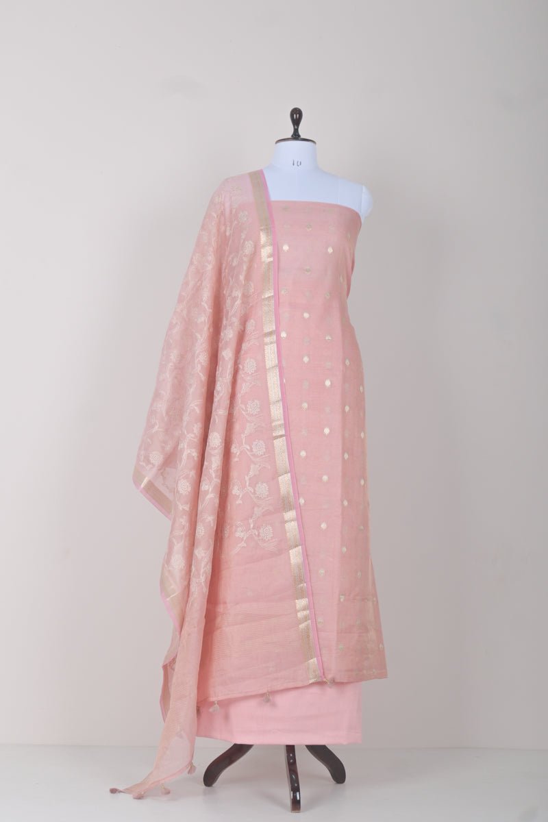 Pastel Pink Woven Tissue Silk Dress Material - Chinaya Banaras