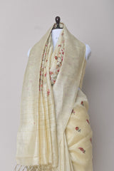 Pastel Yellow Embroidered Linen Silk Saree - Chinaya Banaras