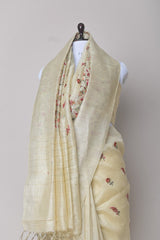 Pastel Yellow Embroidered Linen Silk Saree - Chinaya Banaras
